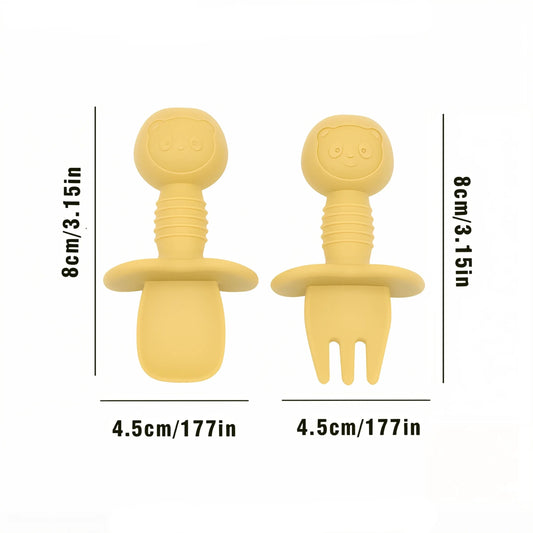 🥄🍴 Cuillère & Fourchette Bébé 🌿 Silicone + Bois – 2 pcs